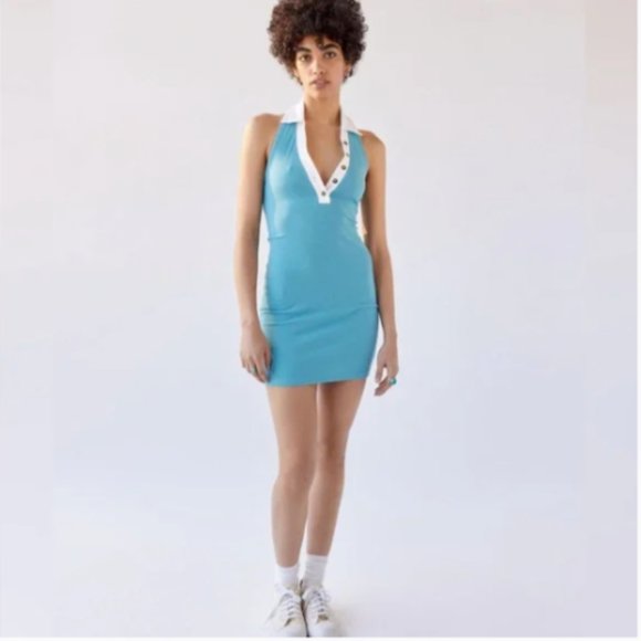 Urban Outfitters Sz Large Dalton Collared Mini Dress Blue Ribbed Halter NWT $59 - Picture 1 of 14
